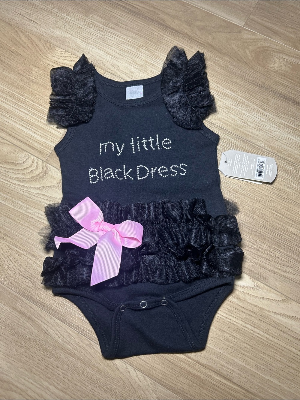 My Little Black Dress Ruffle Baby One-Piece with Pink Bow